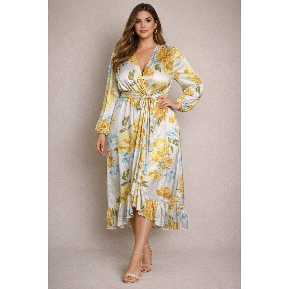 Ryegrass Women’s 2X Floral Wrap Maxi Dress Yellow White Ruffle Hem Boho